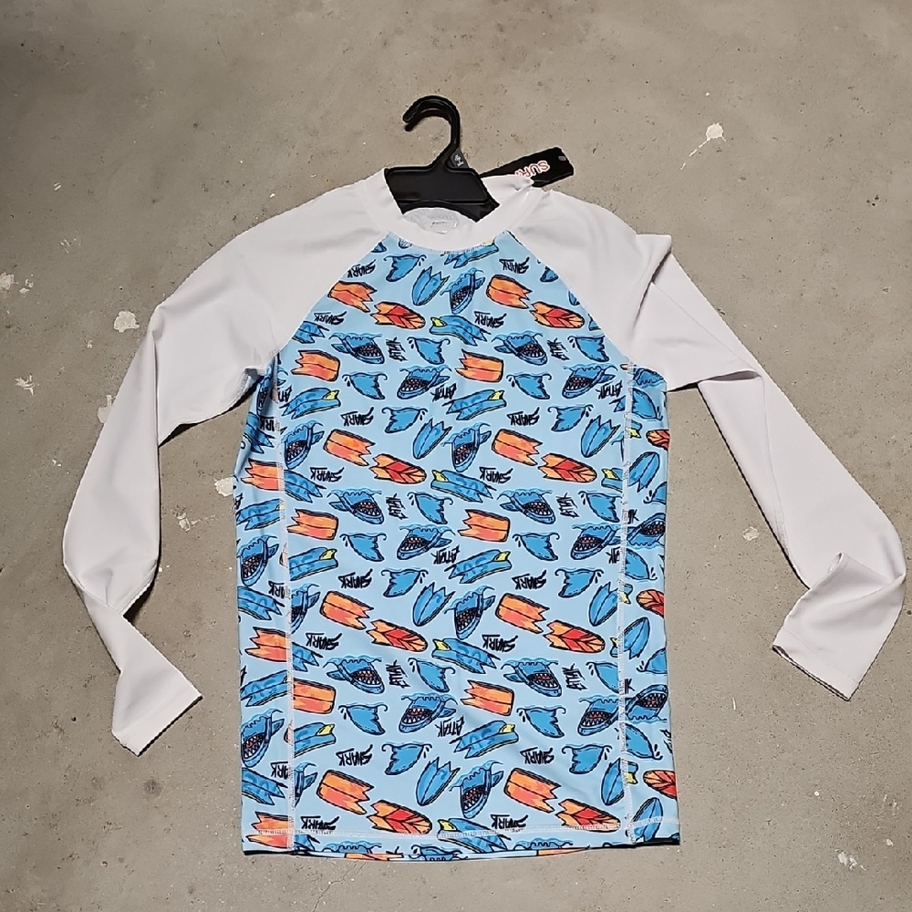 Nwt Mens Long Sleeve Swim Rash Guard - Blue Surf Print #141